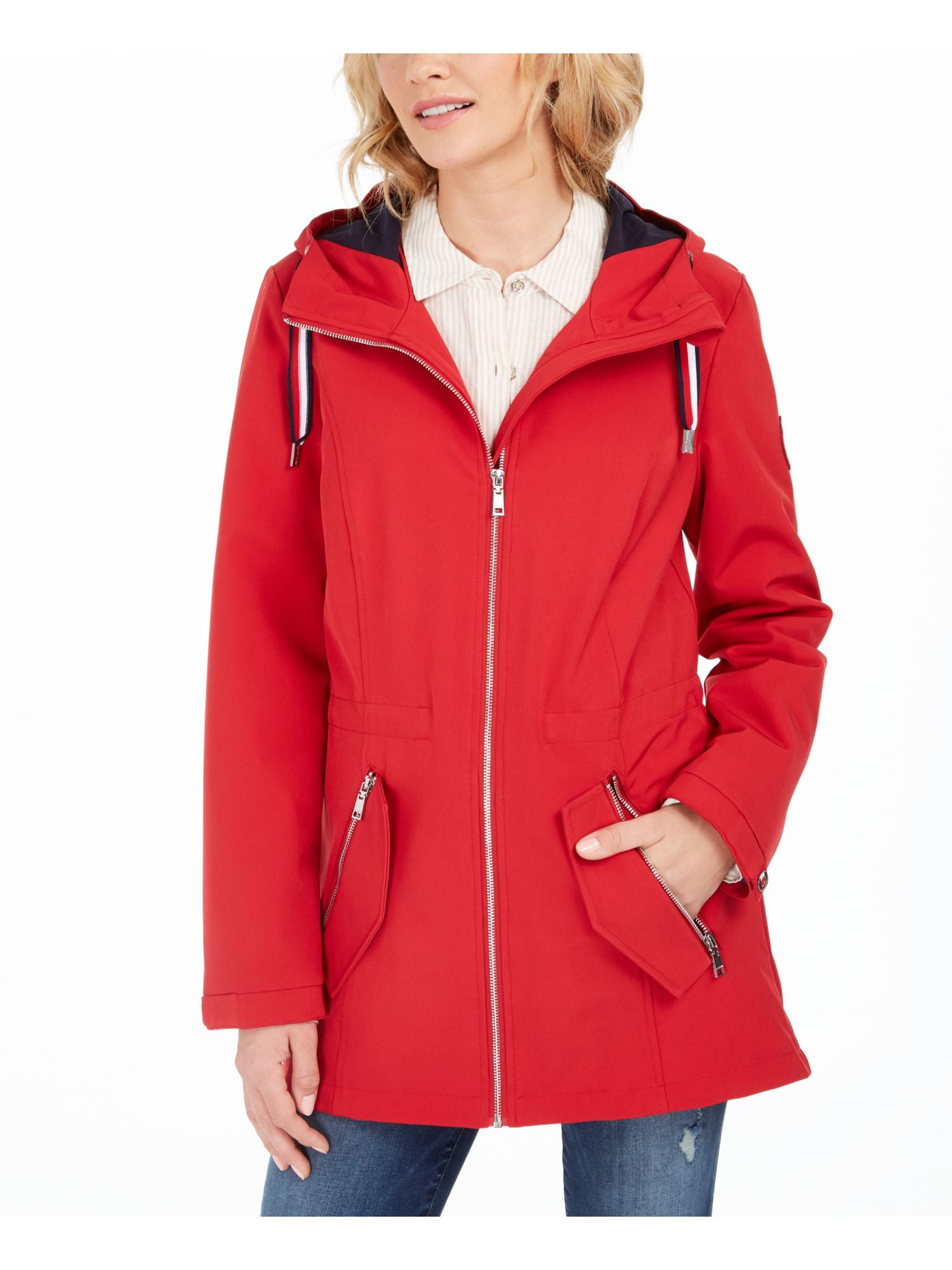 TOMMY HILFIGER Womens Red Zippered Pocketed Hooded Zip Up Winter Jacket M - Walmart.com
