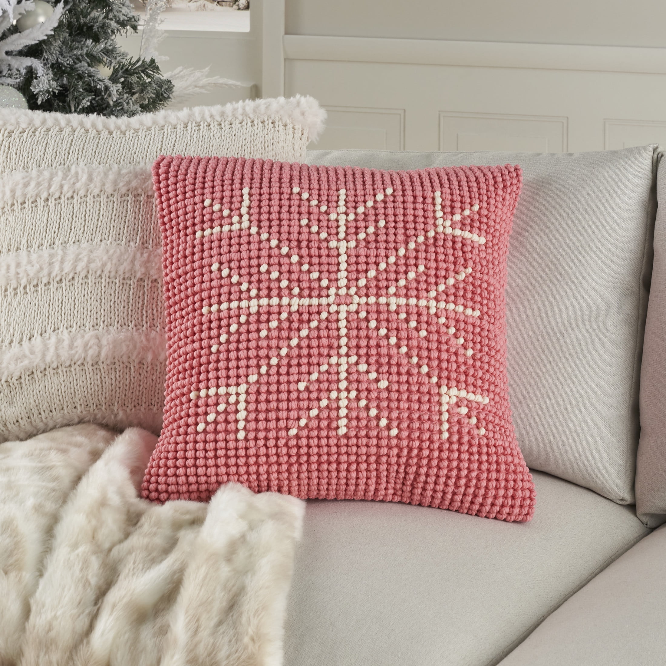 Mina Victory Holiday Pillows Loop Snowflake 20" x 20" Pink Ivory Indoor Throw Pillow