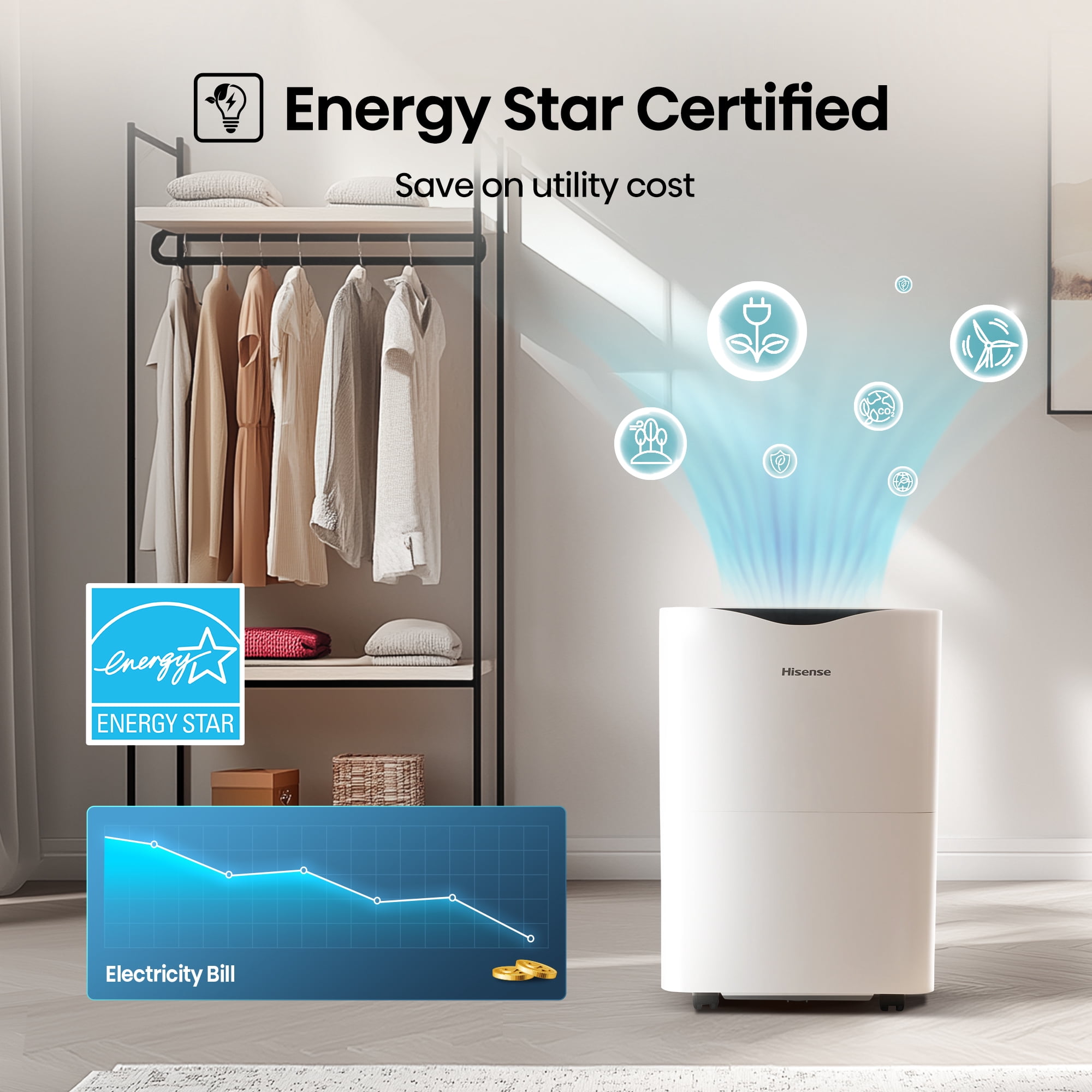 Hisense 35 Pint Dehumidifier 3,000 Sq. Ft for Multi-Scenario Use, Energy Star Certified, Easy Carry Handle, Low Noise Operation, Hassle-Free Water Removal, White (WHD3525)