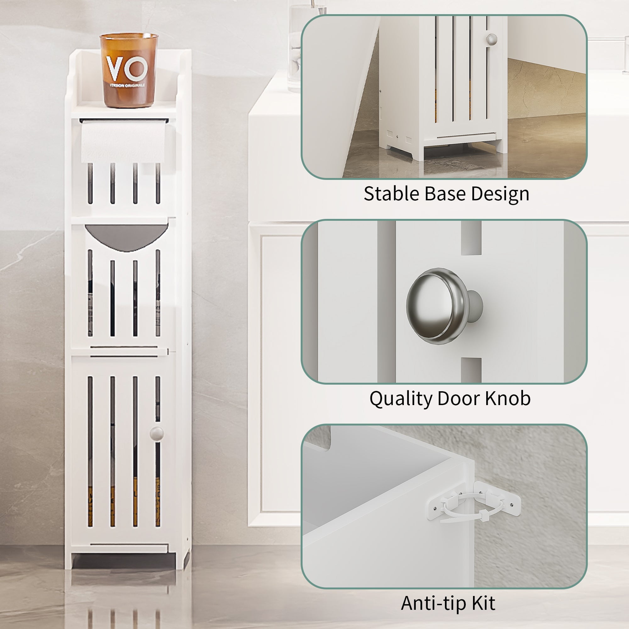 VECELO Small Bathroom Cabinet, Multi-layer Narrow Storage Cabinet with Door and Toilet Paper Holder, Corner Floor Cabinet for Small Spaces, White