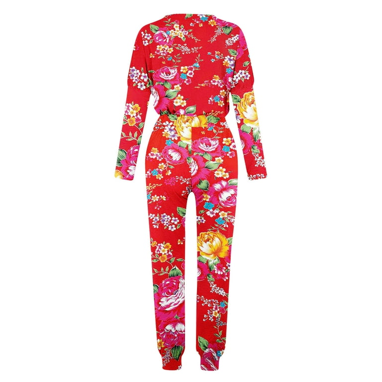 Penkiiy Chinese DongBei Style Flowers Graphic 2 Piece Outfits for Women  Round Neck Long Sleeve T-shirt Elastic Waist Leggings Loose Casual Suit 