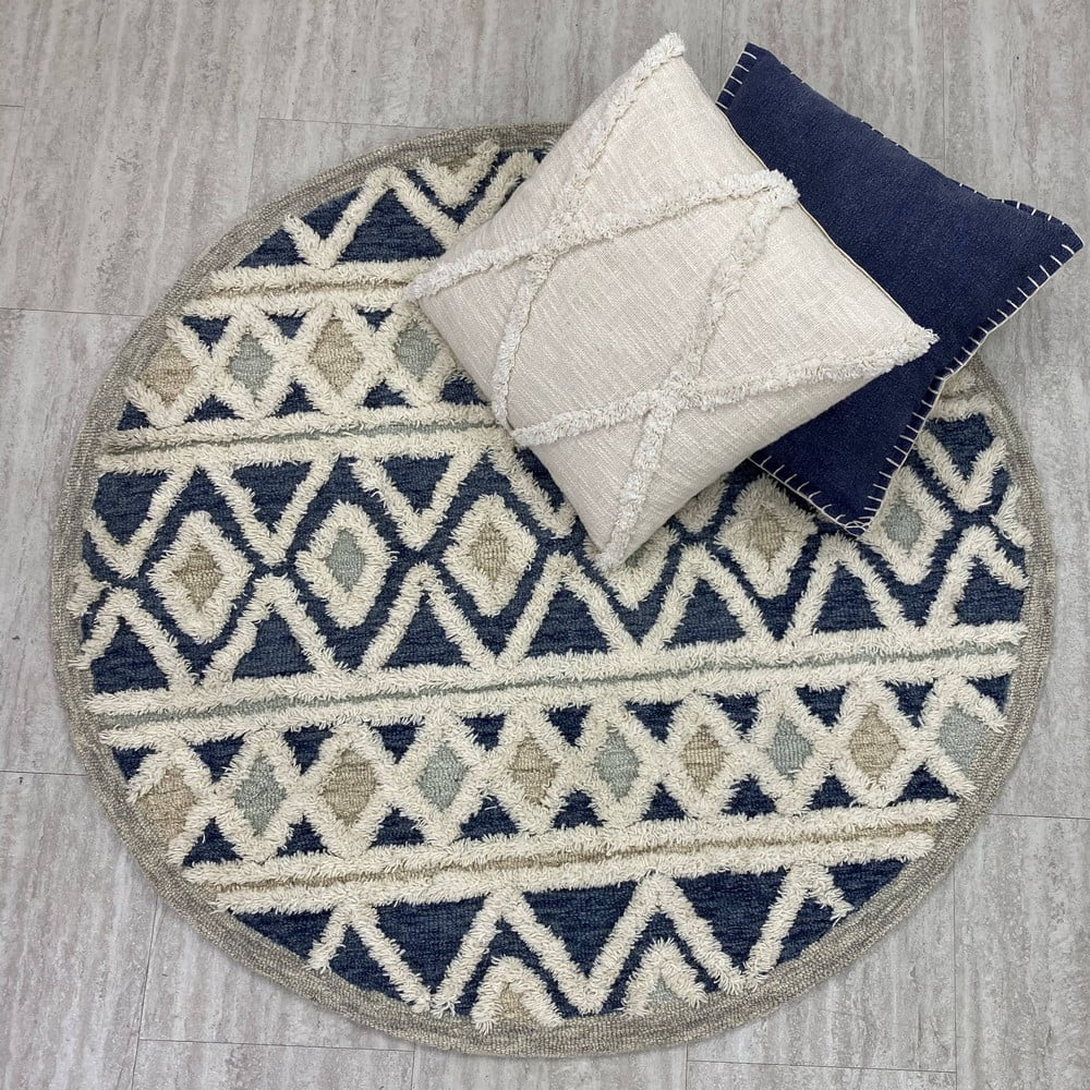 Ox Bay Talia 6' Round Cream/Blue Diamond Striped Wool Indoor Area Rug