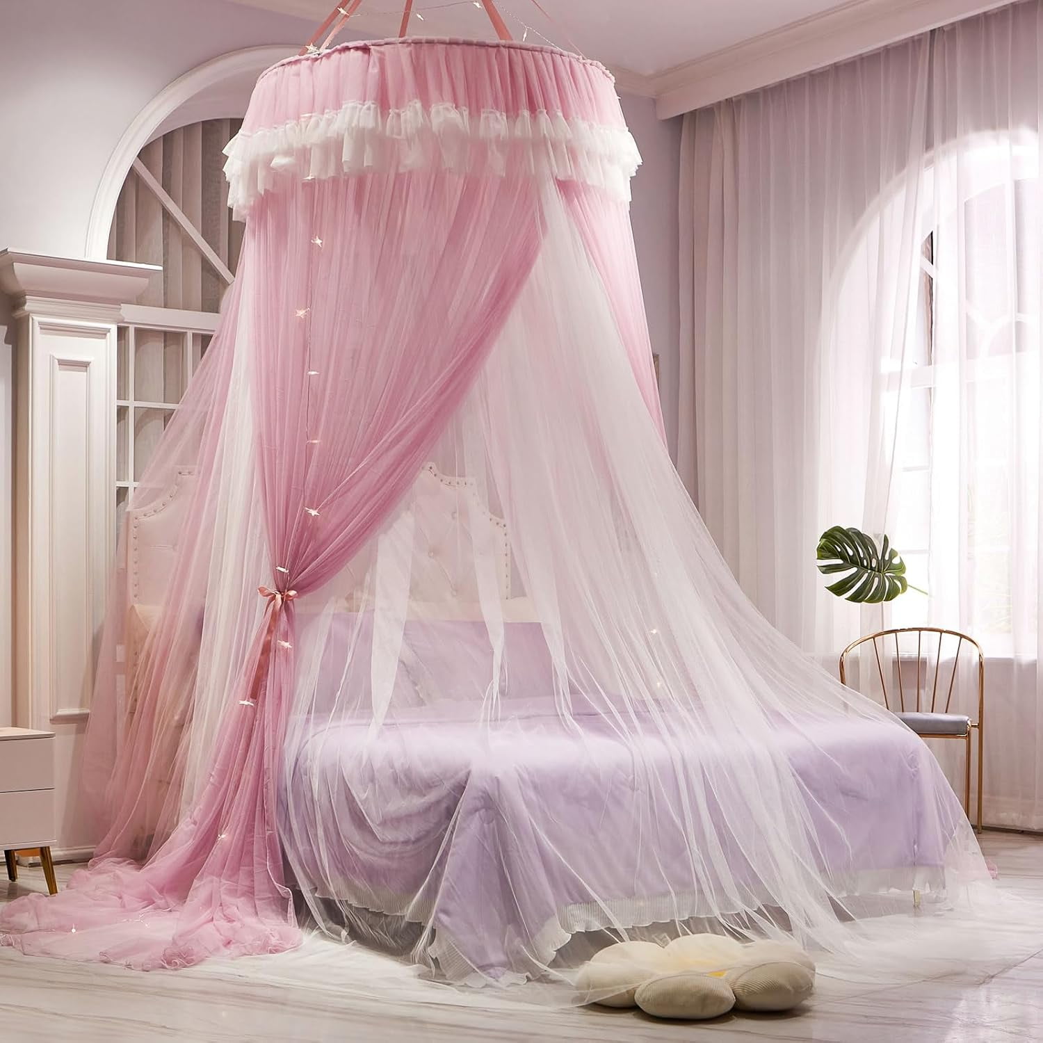 Girls and Adults Canopy Bed, Elegant Double-Layer Bed Curtain, Children's Dream Round Lace Mosquito Net, Princess Canopy Net - Fits Twin, Full, Queen, and King Beds (White/Blue)