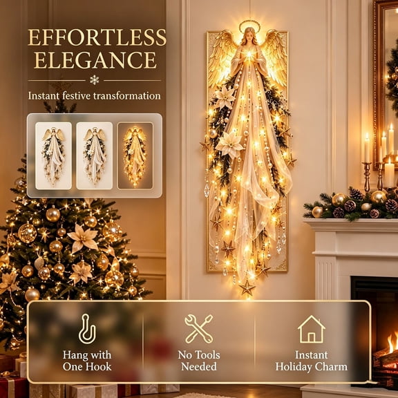 Diceymbol 31.5 Inch Lighted Angel Christmas Wall Decor, LED String Light Hanging Artwork with Stars Poinsettias and Evergreen for Home Living Room Entryway