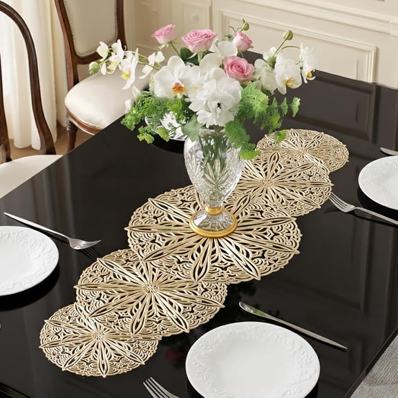 MORAVE 36 Inch Gold Sphere Vinyl Table Runner, Heat Resistant Small Table Cover, Decorative Table Linen for Dinner Party & Wedding