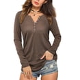 thumbnail image 1 of T-Shirt-Summer, Women's Solid Color V-Neck Pullover Button Long Sleeve,Brown, 1 of 7