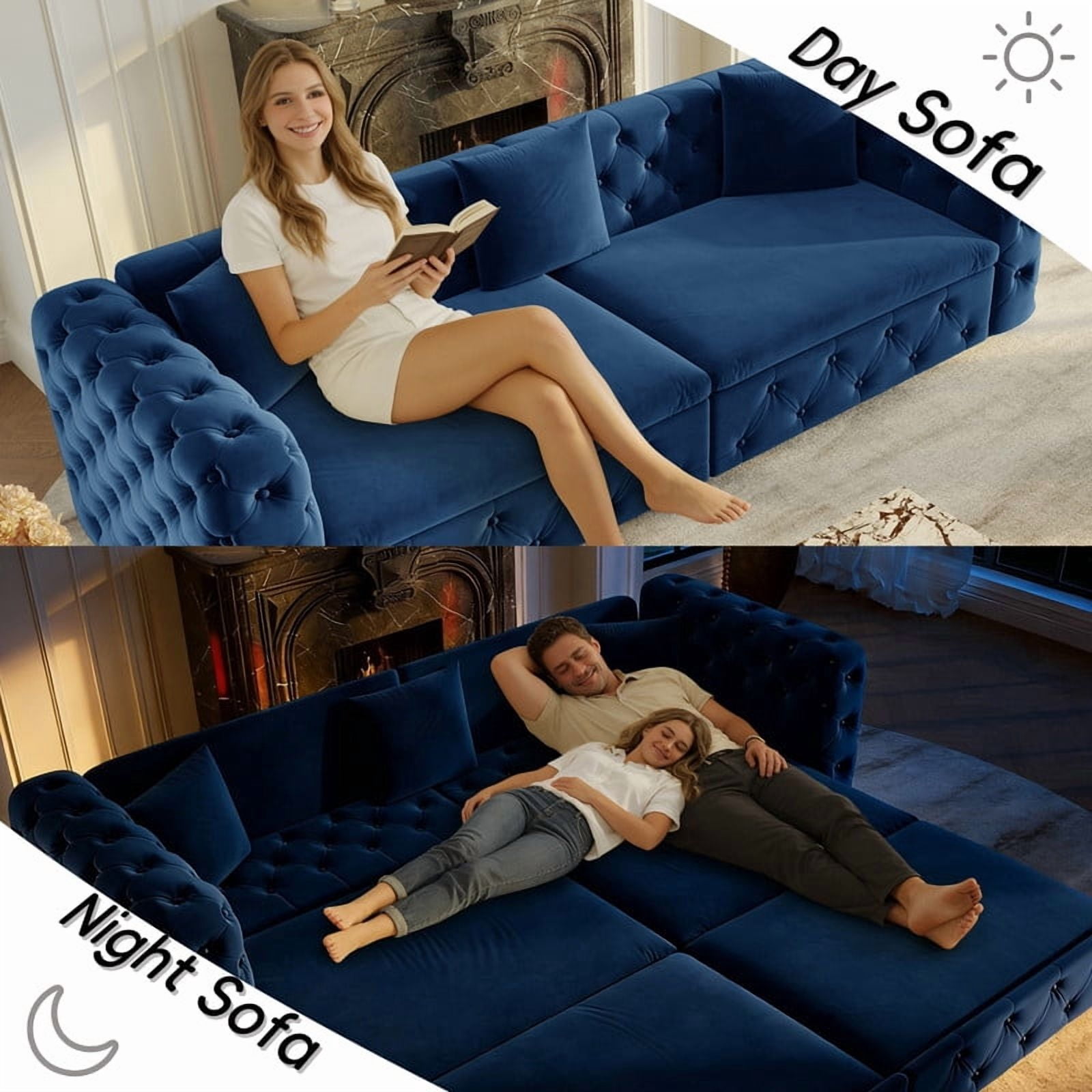 89"W Large 3-in-1 Pull Out Classic Chesterfield Tufted Sofa Bed, 4-Seater Velvet Padded Sleeper Sofa Couch with 3 Throw Pillows