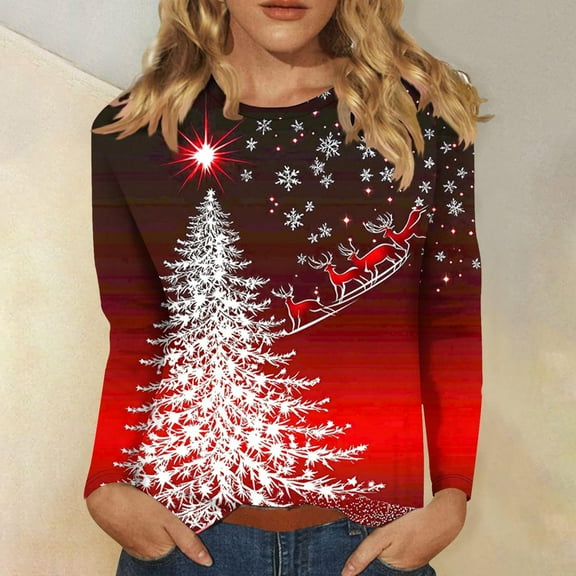 Xdegoge Christmas Blouses for Women Winter Vintage Casual Blouse Xmas Tree Crew Neck Loose Shirt Long Sleeve Trendy Holiday Shirts Vacation Funny Tops 2025