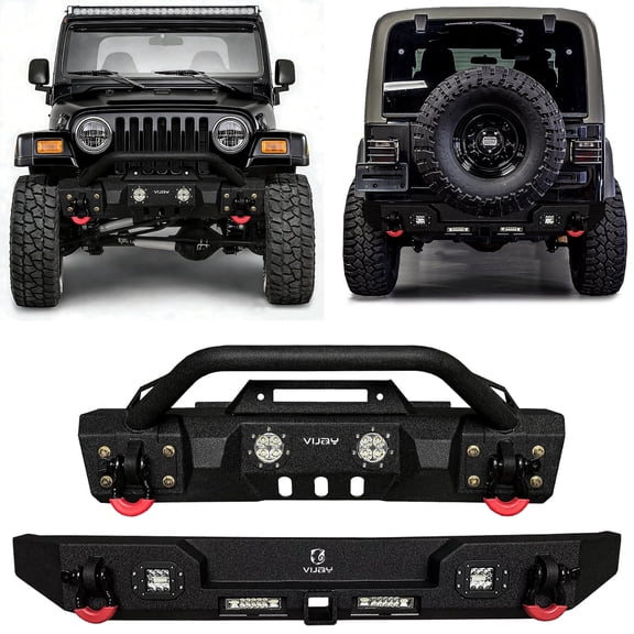 Vijay Compatible with 1997-2006 Jeep Wrangler TJ Front and Rear Bumper Textured Black Steel with Lights and D-rings