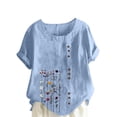 thumbnail image 2 of Vmvidoty 2026 Spring and Summer Women's Soft Short Sleeve Tee Fashion Cotton Linen Vintage Top Round Neck Short Sleeve Casual Button T-Shirt Light Blue XL, 2 of 5