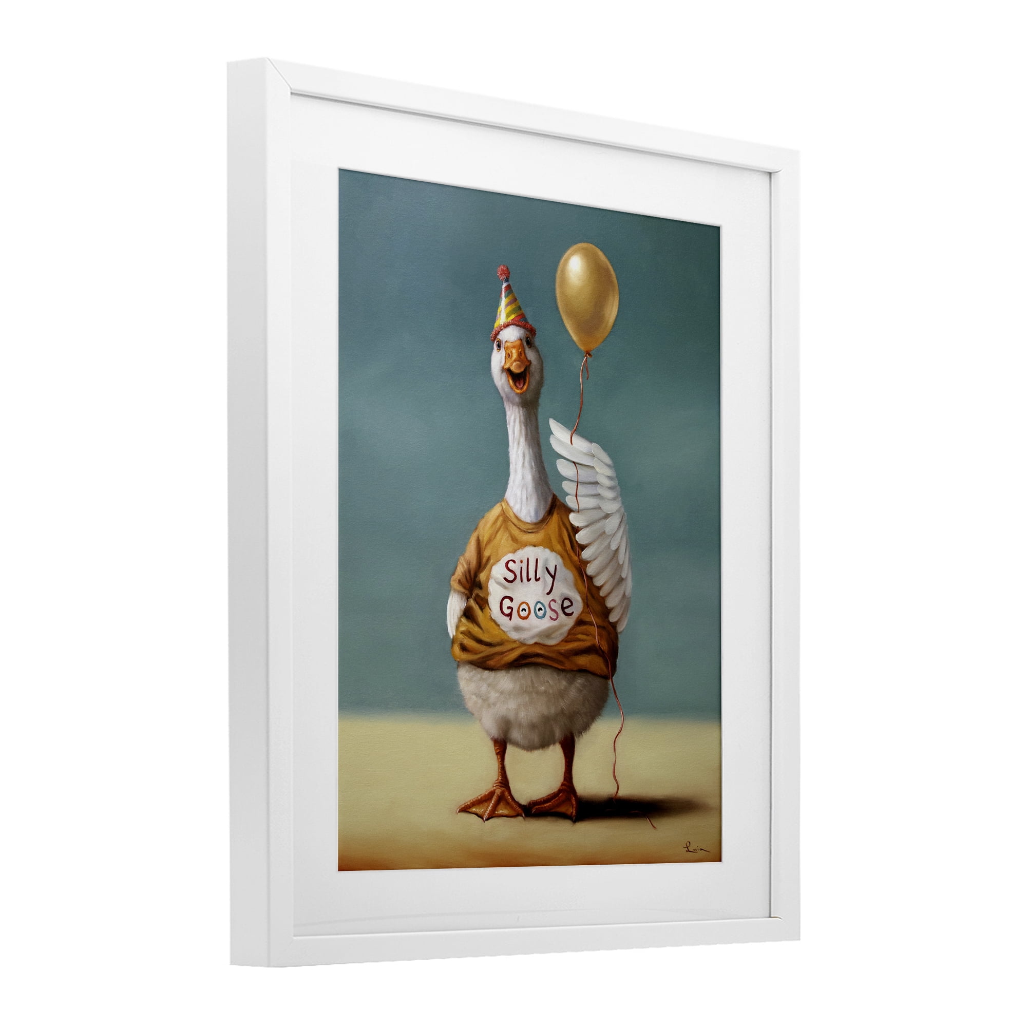 Stupell Industries Silly Goose with Balloon White Framed Print Under Glass, design by Lucia Heffernan