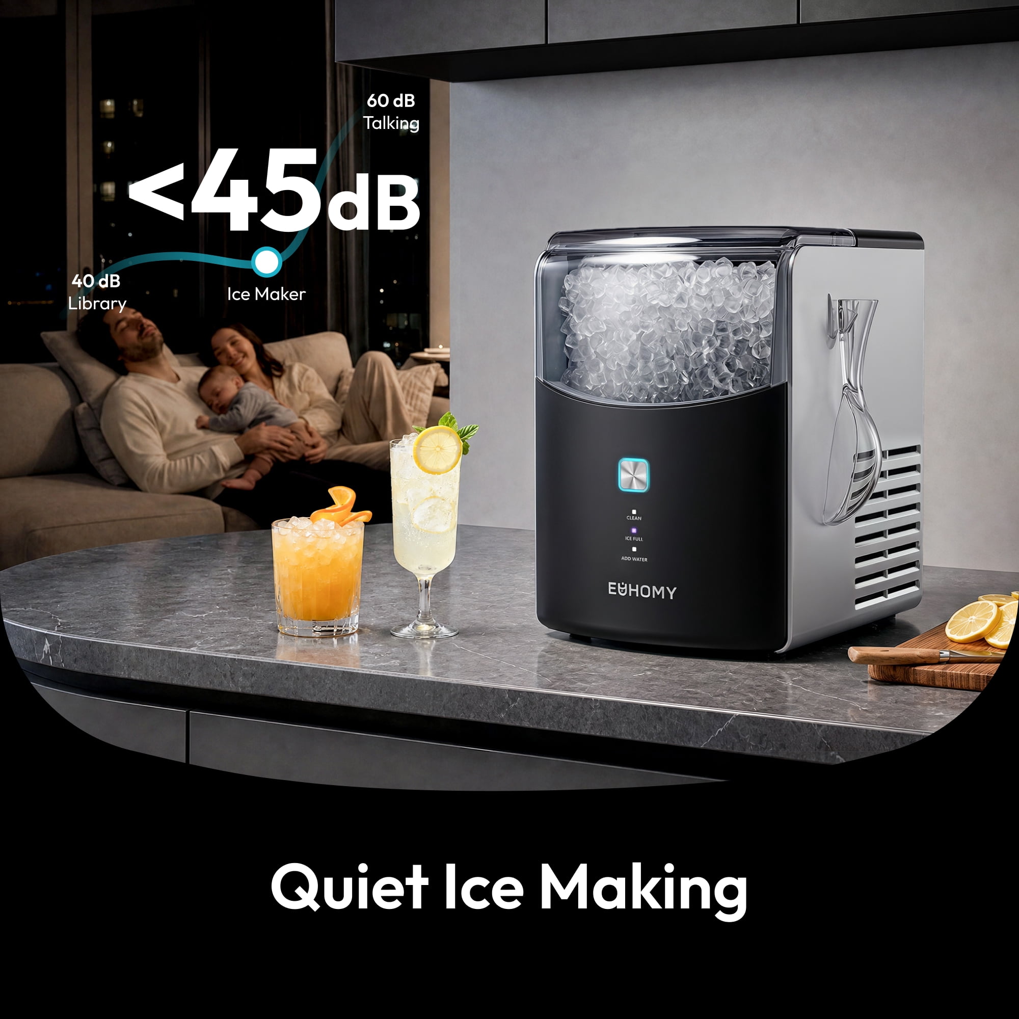 EUHOMY Countertop Nugget Ice Maker,36 lbs/24H ，Self-Cleaning, 30% Better Insulation, Quiet, Black
