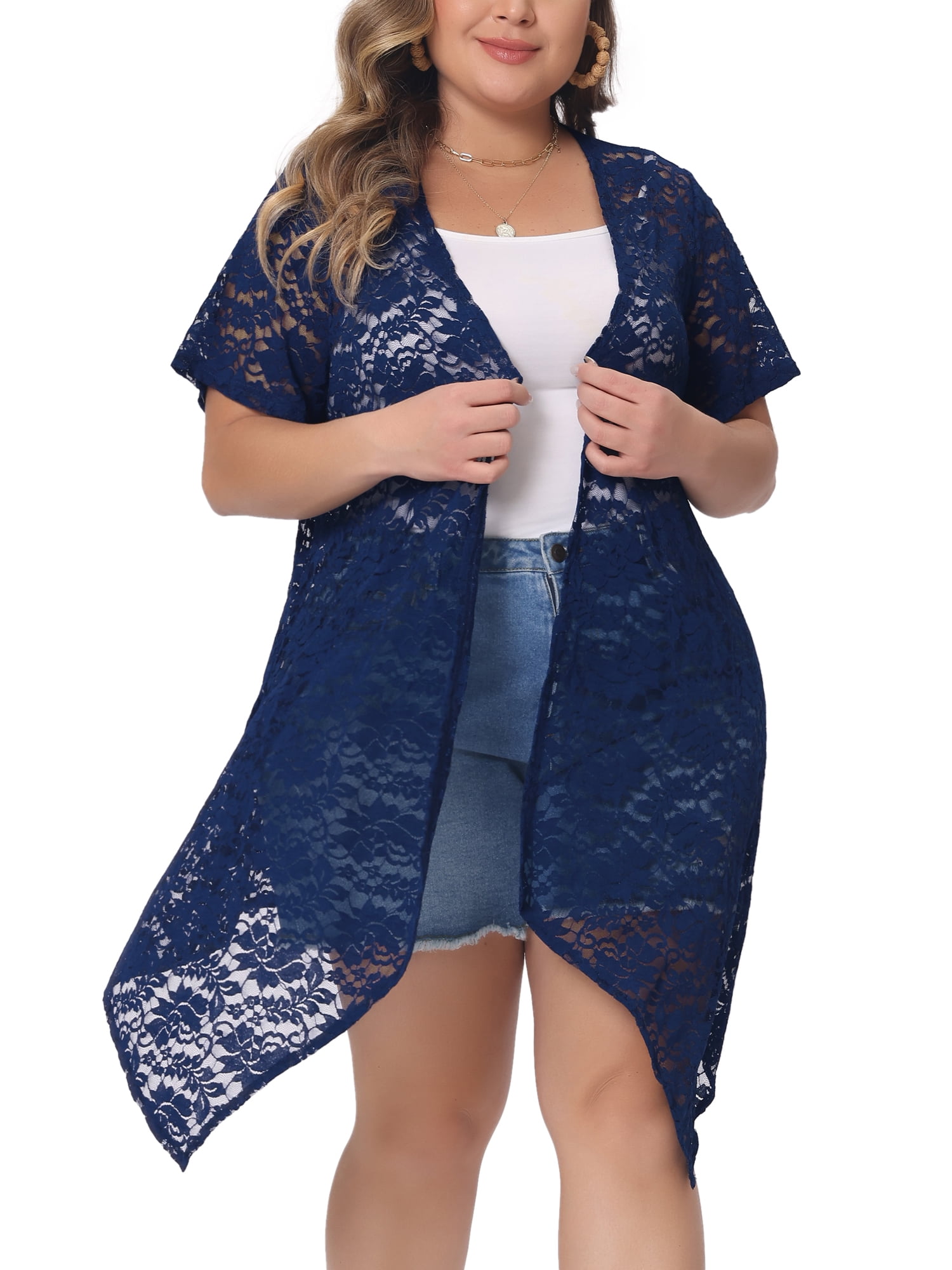 Unique Bargains Women Plus Size Cardigan Lace Crochet Short Sleeves Sheer Cover Up 3X Royal Blue
