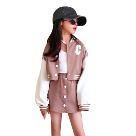 

Children Kids Toddler Girls Long Sleeve Patchwork Baseball Coat Jacket Outer Patchwork Skirt Outfit Set 2PCS Clothes