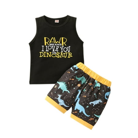 

wybzd Summer Casual Infant Baby Boys Clothes Sets Cartoon Dinosaur Print Sleeveless Vest Tops Shorts Outfits Yellow Black 12-18 Months