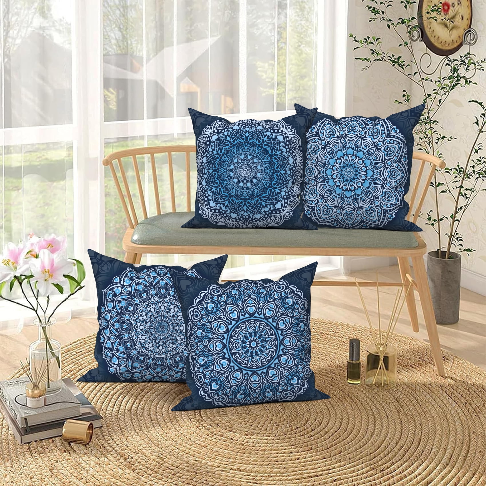 Pbobriich Set of 4 Boho Floral Throw Pillow Cases,Mandala Flower Linen Pillow Cover for Living Room Home Decor,20x20 In