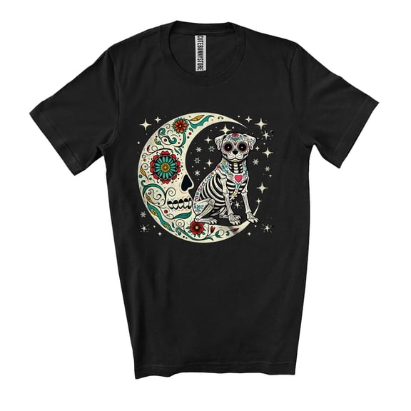 Floral Moon Skeleton Pug; Awesome Dia De Los Muertos Halloween Costume Family Group Unisex T-Shirt