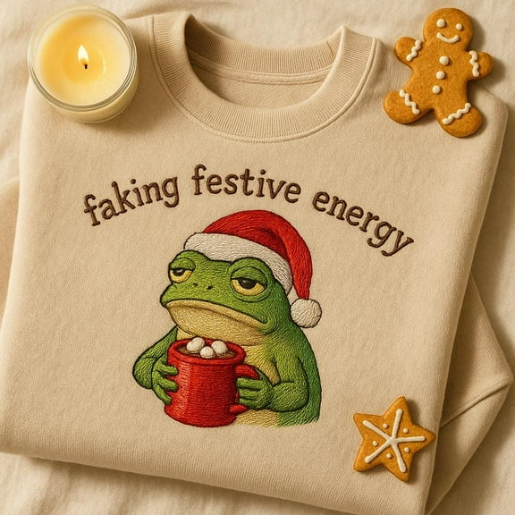 Embroidered Frog Christmas Sweatshirt, Faking Festive Energy Top, Sarcastic Holiday Sweater, Frog Hot Chocolate Crewneck, Funny Xmas Gift