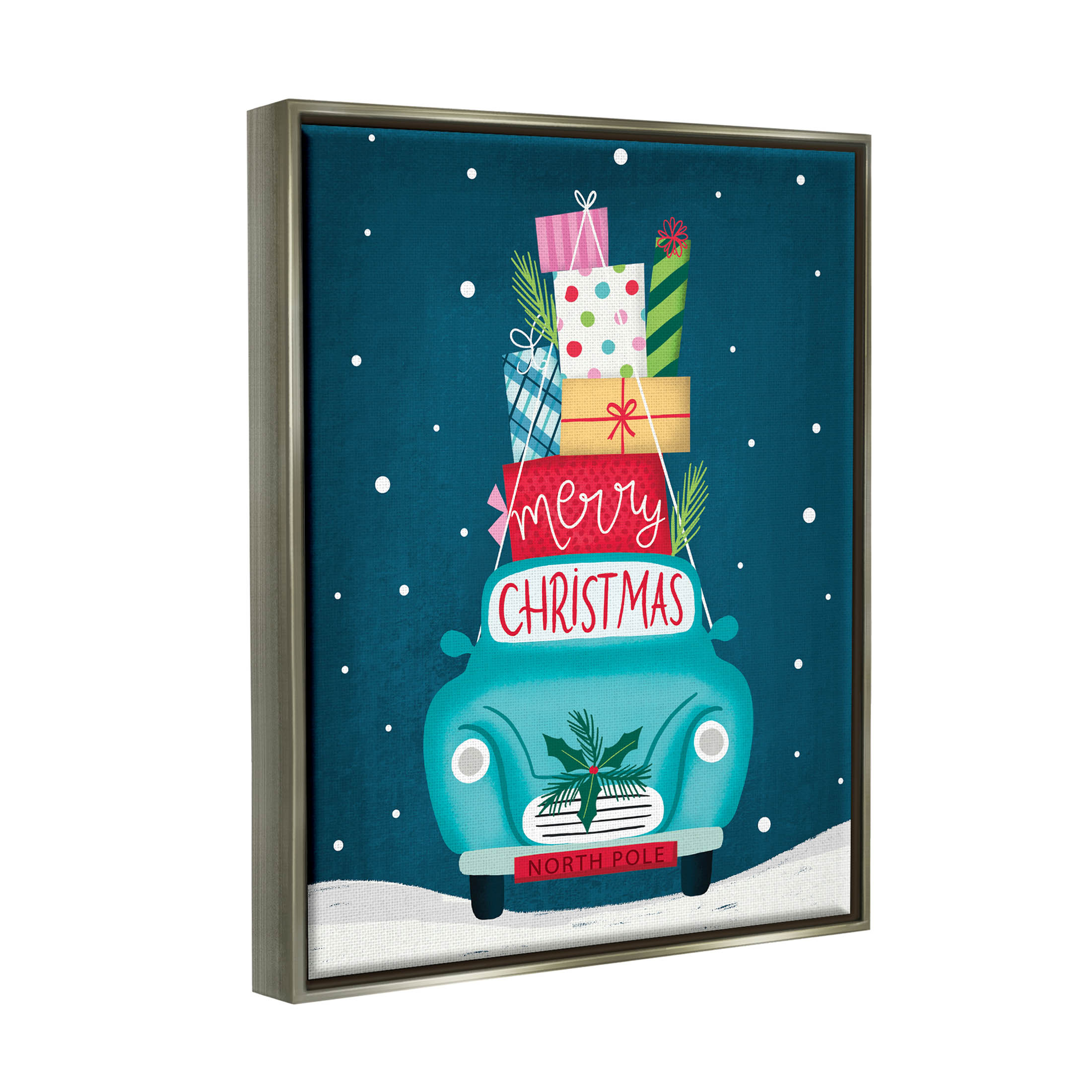 Merry Christmas Stacked Gifts Car Holiday Graphic Art Luster Gray Framed Art Print Wall Art