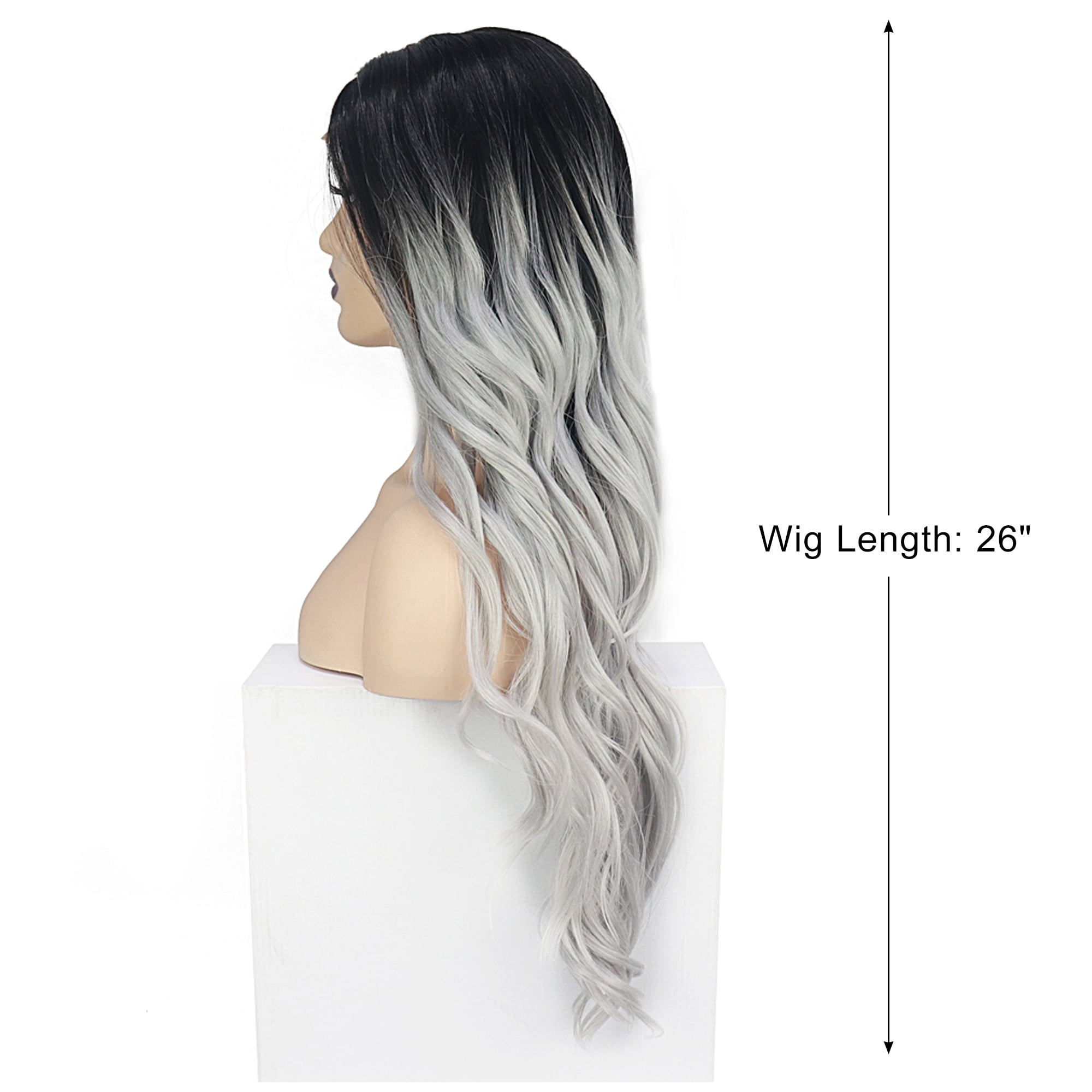Unique Bargains Lace Front Wigs Long Body Wave for Women Lady Gradient Gray