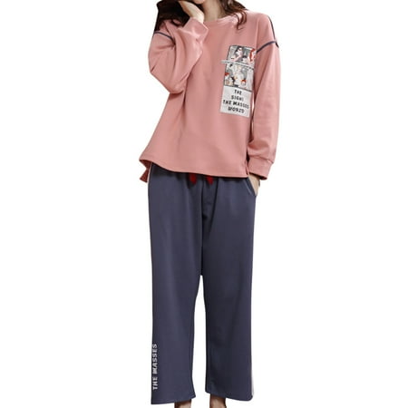 

Women Pajama Set Warm Soft Cartoon Long Pants Pajama Long Sleeves Loose Round Neck Sleepwear New