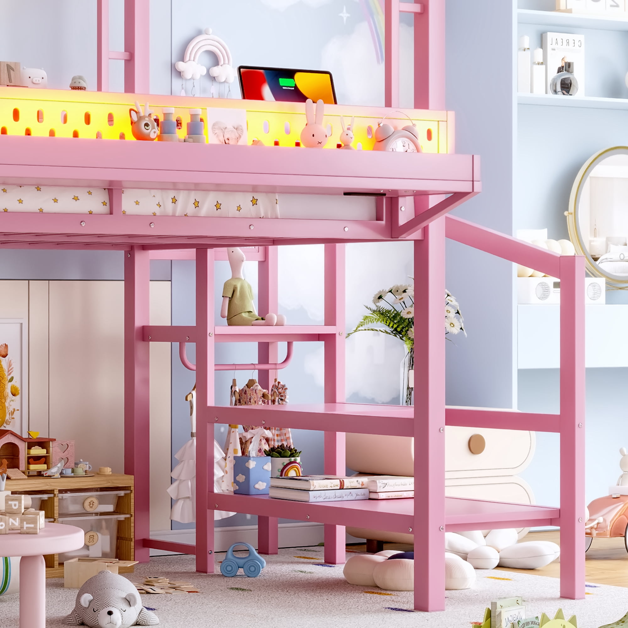 Mintazer Full Size Kids Metal House Loft Bed with Slide & Wardrobe, Metal Loft Bed Frame with LED Lights & Storage Stairs, Pink