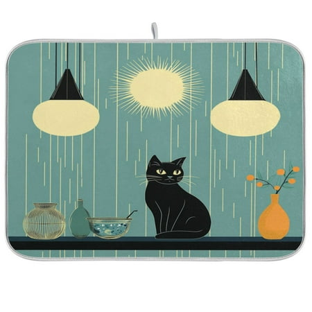 

Dish Drying Mat 18 x 24 Highly Absorbent Microfiber for Dishes Utensils Cat Sits on The Table