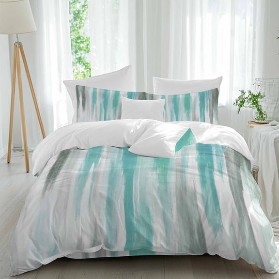 Abstract Grey 4 Piece Duvet Cover Set Queen Size Teal Green Mottled Gradient Texture Farmhouse Soft Bedding Set Comforter Cover, 1 Duvet Cover 1 Flat Sheets and 2 Pillowcases