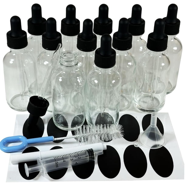 Frascos gotero de vidrio transparente de 60 ml, paquete de 12, para aceites