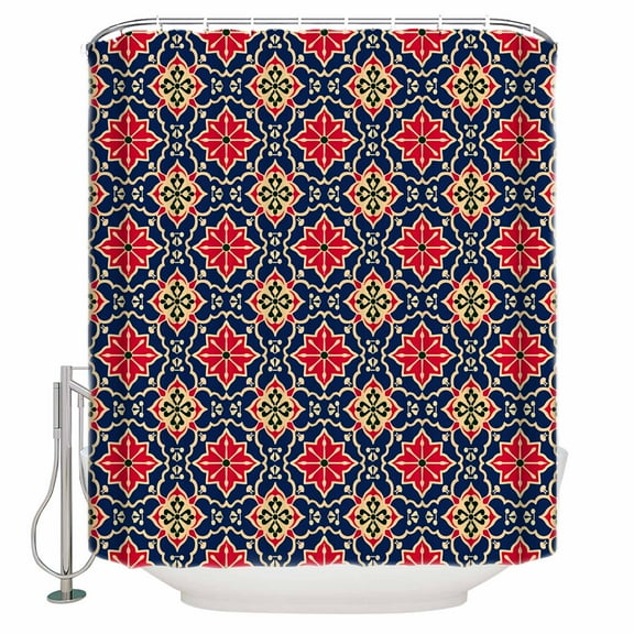 Fabric Shower Curtain, Morocco Red and Blue Geometric Floral Bathroom Curtain with 12 Hooks Waterproof No Bad Odor Machine Washable Bath Curtains for Bathroom, Spa Room, Background Cloth, 36"x72"