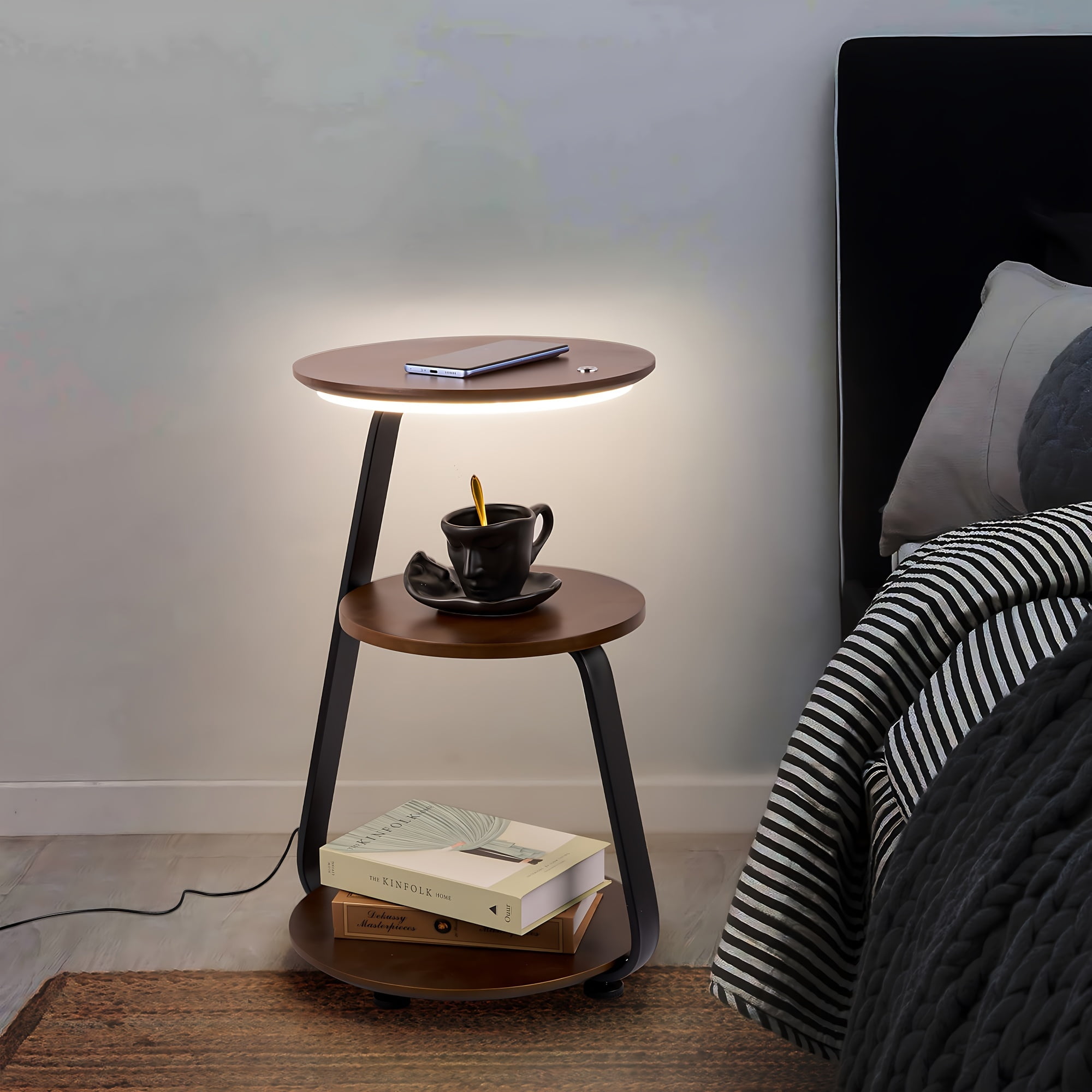 Modern 3-Tier LED Side Table with USB Port – Wooden Round End Table for Living Room, Bedroom, Office – Nightstand with Storage Shelves & Built-in Light – Minimalist Bedside Lamp Table