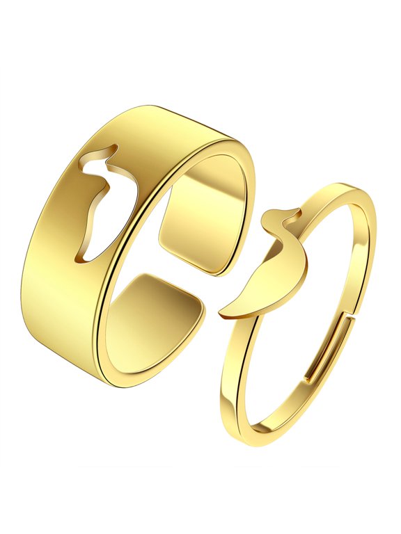 2pcs Duck Promise Ring Matching Cute Animals Engagement Rings Lovers Gift 316L Stainless Steel Gold Plated With Silver 2 colours Adjustable Open Ring