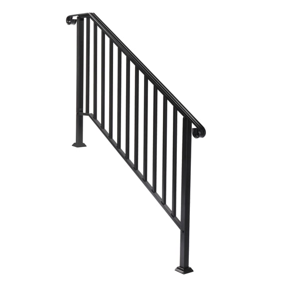Heavy-Duty Iron Stair Handrail with Curved Design, Powder Coated Black