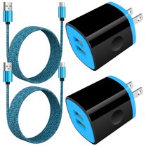 USB Charger Block,ABCPOW 2pcs 2.1A USB Wall Charger Block with 2pcs Nylon Android Type C Charger Cable USB C Charging Cable 3ft USB Brick Phone Charger Adapter Charger Box Fast Charging Block,Blue
