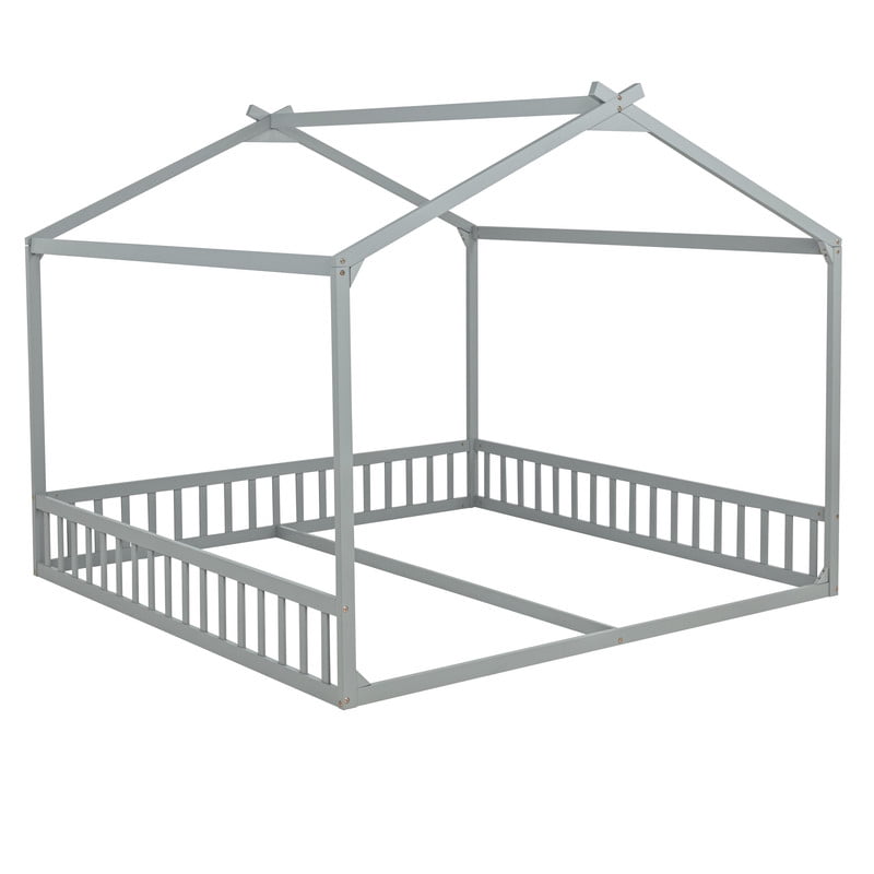 Double Twin Size House-Shaped Canopy Floor Bed with Safety Guardrails, Kids Wooden Low Profile Bed Frame with Open Roof Design