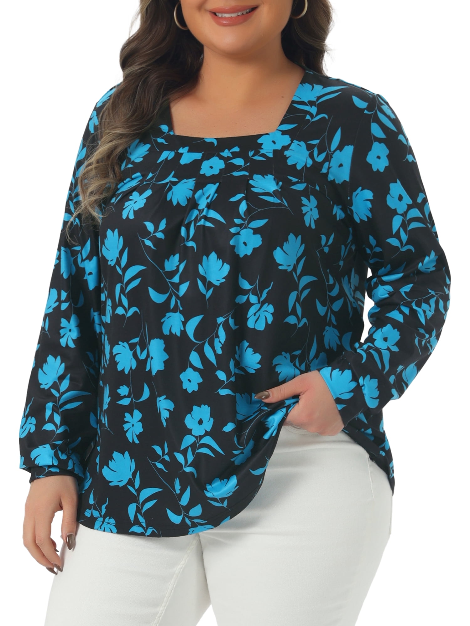 DARING DIVA  Women's Plus Floral Square Neck Blouse 1X Blue