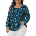 thumbnail image 4 of Plus Size Floral Print Tops for Women Square Neck Long Sleeve Pleated Tunic Dressy Casual Blouses 4X Blue, 4 of 6