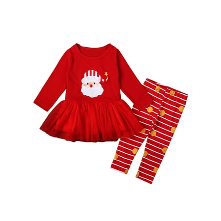

PBaeM Baby Girls Casual Baggy Santa Claus Embroidered T-Shirt Dress And Trousers 2Pcs Outfit Sets