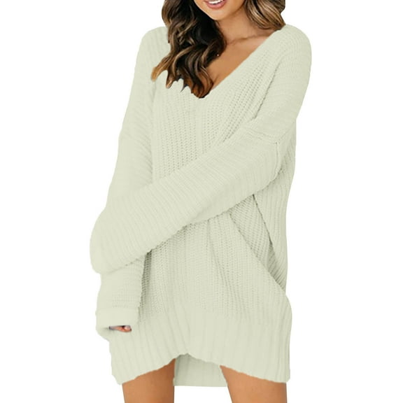Women's Sweaters Women Fall Clothes Solid Color V Neck Sweater Dress Mid Length Knitted Pullover Casual Elegant Soft Warm Comfortable Tunic Outfit