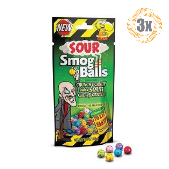 3x Bags Toxic Waste Sour Smog Balls Crunchy Novelty Candy With Chewy Center 3oz