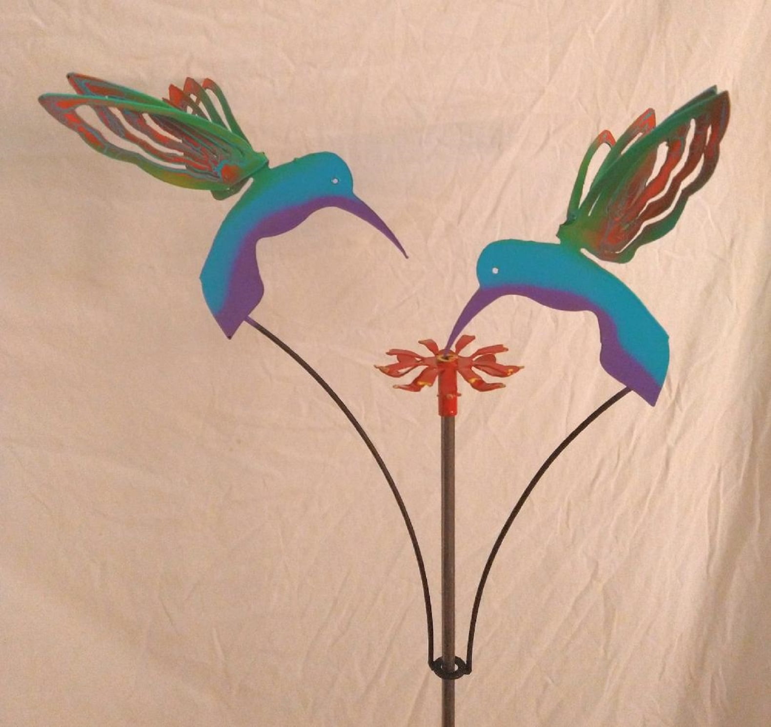 Handcrafted Metal Kinetic Yard Art Garden Sculpture  With 2 Painted Hummingbirds