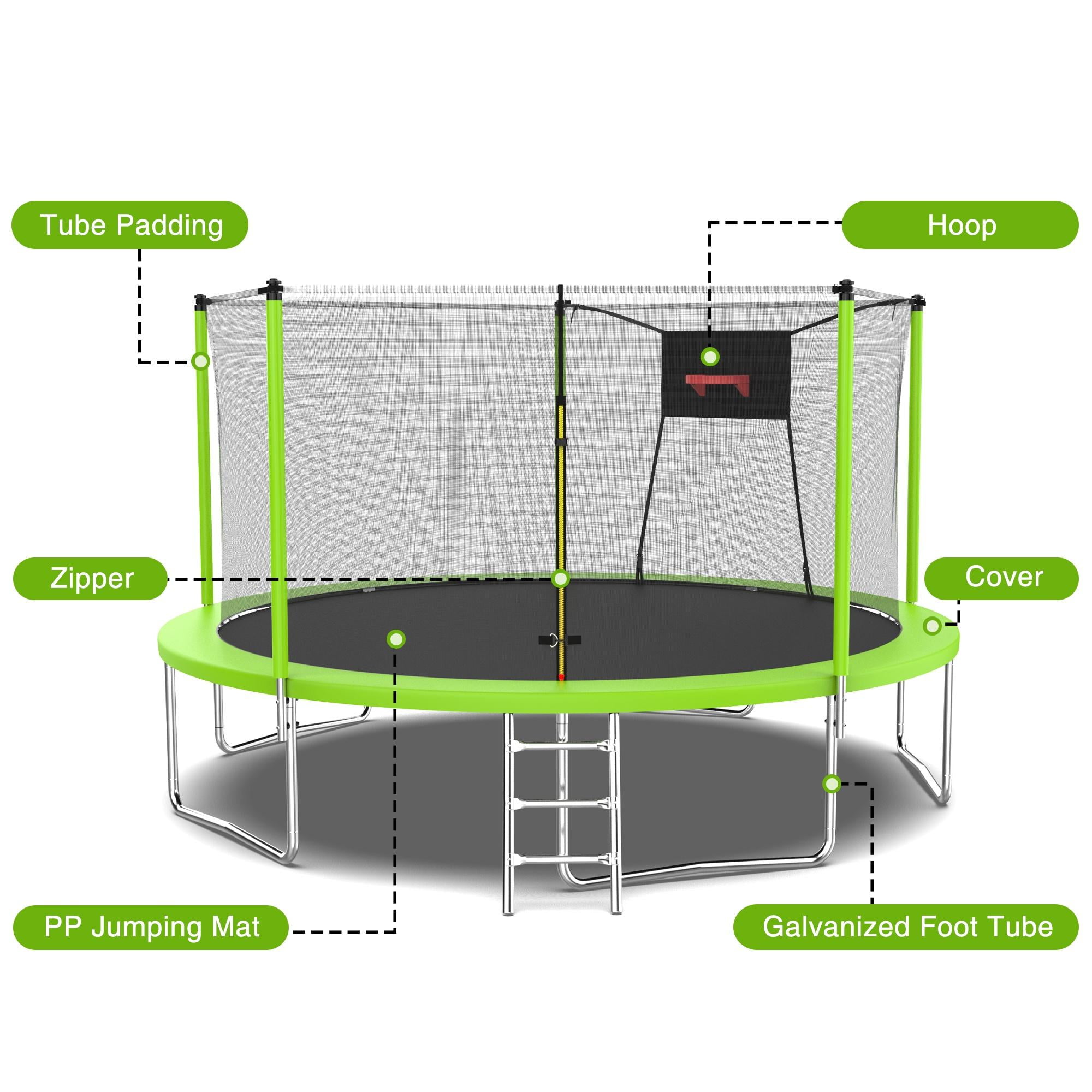 14FT Trampoline for Kids Adults, Seizeen Round Trampoline with Enclosure Net, 2-IN-1 Outdoor Trampoline w/Hoop, Ladder, Waterproof Mat