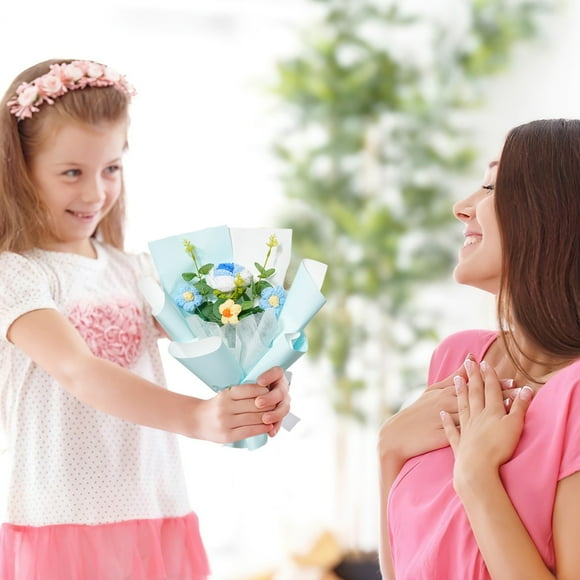 Ramo de Flores de Lana Tejido a Mano | Rosas Rosadas Celestes | Regalo para El Día de La Madre | Flores Tejidas a Mano y Duraderas | Arreglo Floral de Poliéster de Larga Duración | Empaque En Bolsa T
