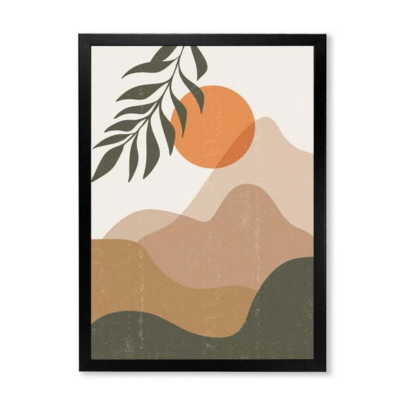 Designart 'Abstract Earth Toned Mountains With Red Moon I' Modern Framed Art Print