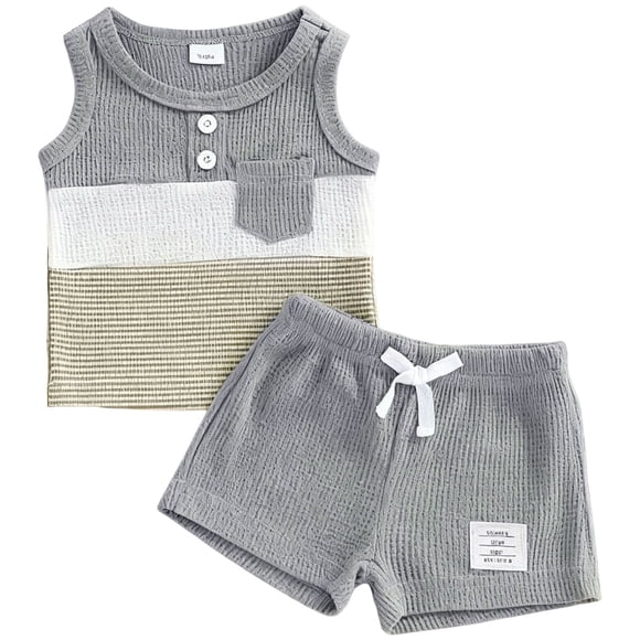 Qopobobo Boy Set Baby Boy Summer Clothes Contrast Color Sleeveless Tops Waist Shorts Toddler Outfits Cute Set Grey,9-12 Months