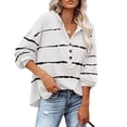 thumbnail image 3 of Blouse Manches Longues V Col Rayé Bouton Cordon à Capuche Casual Tops pour Femme, 3 of 6