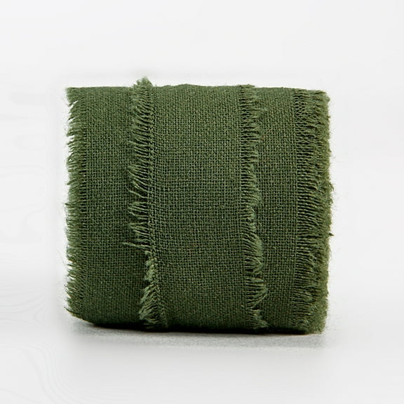NAMZI 5 Yard 1.6 Inch Rustic Cotton Linen Ribbon, Frayed-Fringe Style for Wedding Invitations, Bridal Bouquets, Gift Wrapping & Crafts, Dark Green