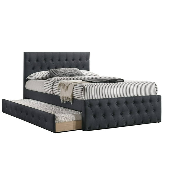 Nek Full Size Upholstered Bed with Twin Trundle, Tufted Charcoal Burlap