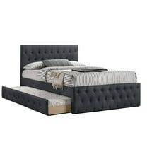 Nek Full Size Upholstered Bed with Twin Trundle, Tufted Charcoal Burlap