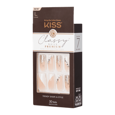 KISS Premium Classy Press-On Nails, Glittery French Tips, X-Long, Coffin Shape, 33 Ct